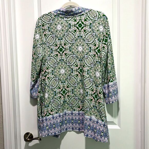 Isaac Mizrahi Live Open Cardigan Soft Green Medallion Pattern With Lavender Trim - Picture 5 of 10